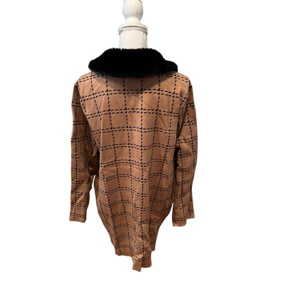 Ann Klein Knit Sweater Coat Faux Fur Collar Tan Window pane Check Print - Picture 4 of 7